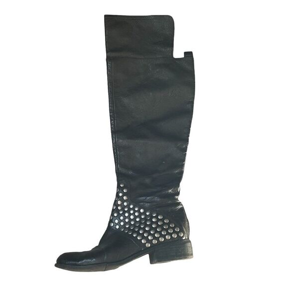 𝅺NINE West Vanickson Black Leather Tall Studded Boots SZ 6 - Picture 6 of 16